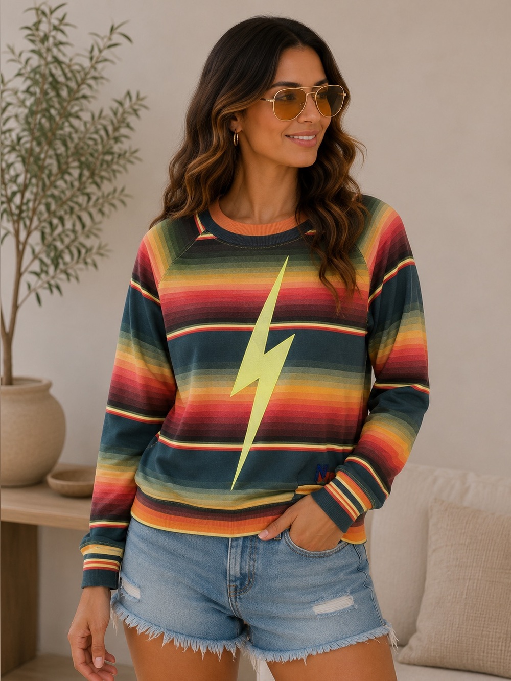 Aviator Nation Striped Multicolor Lightning Bolt Pullover Sweatshirt